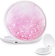 B Beauty Planet Compact 20X Magnifying Mirror with Light,5-Inch,LED Travel Compact Mirror, Liquid Bling Glitter Quicksand Portable Folding Mirror with Lights(Golden Rose)