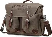FENGDONG Mens Messenger Bag 15.6 Inch Vintage Waxed Canvas Genuine Leather Briefcase Computer Laptop Bag Satchel Shoulder Bag