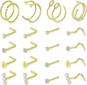 [Briana Williams] 18G 20G Nose Rings for Women Nose Piercings Nose Rings Hoops Nose Studs Surgical Stainless Steel Hoop L Shape Screw Corkscrew Nostril Piercing Jewelry Gold Silver