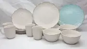 Pfaltzgraff Remembrance Cream Teal Embossed Geometric Triangles Stoneware Dishes