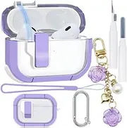 Clear Case for AirPods Pro (2nd/1st) Generation Case Cover, 5 in 1 Set Automatic Snap Switch Secure Lock Cases for AirPods Pro Cases Silicone Wrist Strap Cute Flower Keychain for Girl Women -Purple