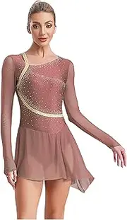 [Jugaoge] Women Long Sleeve Figure Skating Costume Rhinestones Rhythmic Gymnastics Leotard Lyrical Dance Dress