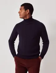 Hawes & Curtis Navy Pure Lambswool Roll Neck Jumper Size: XL