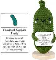 Emotional Support Pickled Cucumber, 4.72 Inch Crochet Pickle Doll with Positive Card Inspirational Knitted Cucumber Toy with Wooden Base for Friends Family Girls Boys Decorations