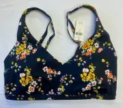 Aerie Offline Floral Print Mesh Back Plunge Sports Bra -- Small BLACK