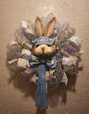 Easter Bunny Wreath - Blue - Mesh and Ribbon - Hand Crafted