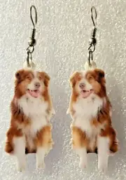 Australian Shepherd Sitting Double-Sided Flat Acrylic Hook Earrings Jewelry