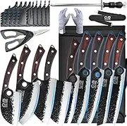 XYJ Authentic Since 1986,9pcs Forged Knife Set,Serbian Chef Knife with Roll Bag,Sharpener Rod,Shears,Butcher Knife,Full Tang,Gyutou,Cleaver,Kiristuke Knife,High Carbon Steel for Special Day