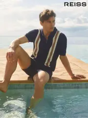 Reiss Navy/Camel Ricardo Ché Knitted Contrast Stripe Half-Zip Zip Polo Shirt (E27160) | $280