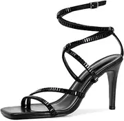 [FRJR] High Heels Heels for Women Strappy Gladiator Sexy Square Toe Heels Open Toe Heels Dressy Pumps Rhinestone Sandals