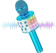 Wireless Karaoke Microphone, 5 in 1 Portable Bluetooth Microphone Kids, with Colored LEDs. Karaoke Mic, for Mobile Phone/Android/TV, for Gifts for Girls, Children and Adults of All Ages (Blue)