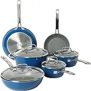 Sur La Table Kitchen Essentials 10 Piece PFA Free Titanium Ceramic Nonstick Interior Forged Aluminum Cookware Pots and Pans Set - Blue - Induction Compatible