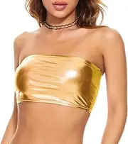 [Gatielzana] Women's Metallic Crop Top Shiny Strapless Tube Bra for Dancing, Raves, Festivals, Costumes