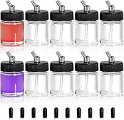 Goaste 10 Pack Glass Airbrush Bottles Kit, 22cc Empty Airbrush Jars, Transparent Airbrush Paint Storage Pot with 10pcs Cap Covers, 30° Down Angle Adaptor Lids, Fits Dual-Action Siphon Feed Airbrushes