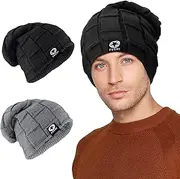 [Dazzroi] 2 Pack Knitted Beanie Hat for Men Women, Winter Thermal Windproof Hat Baggy Stretchy Soft Skull Cap, Thick Comfortable Cuffed Beanies Hats for Gifts Skiing Outdoor Sports Supplies（Black+Grey）,