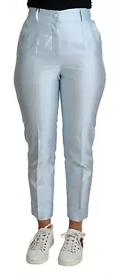 Dolce&Gabbana Women Light Blue Chino Pants 100% Silk Tapered Trousers Size IT 38