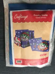 New Craftways Holiday 6 Coasters & holder Needlepoint Kit Frosty Smile Snowman