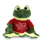 DolliBu I LOVE YOU Plush Squat Green Frog - Cute Animal with Red Shirt - 6 Inch