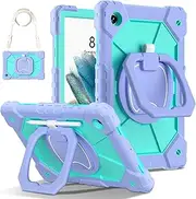 for Samsung Galaxy Tab A8 10.5 Inch 2022 SM-X200 X205 X207 Shockproof Kids Case,360 Degree Rotating Handle Stand Heavy Duty Silicone Case,Kickstand & Shoulder Strap,Purple+Mint Green