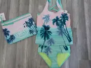 NWT Girls Justice Swimsuit Tropical Vibes Tankini with Bikini Bag Size 14