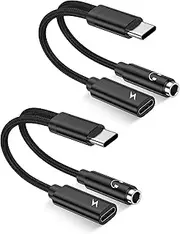 2Pack 2 in 1 USB C to 3.5mm Aux Adapter, Android Dongle C to C Fast Charging for Samsung Galaxy, Apple iPhone 15 Headphone Jack Adapter, 60W PD Aux Audio Cord Adoptor, Aux Male to Female Converter
