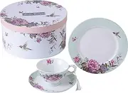 Coffee Tea Cup and Saucer 7.5" Dessert Plate Set 3 Shabby Chic Vintage Porcelain Bird Butterfly Floral Gift Box (Turquoise)