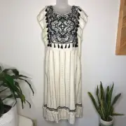 Anthropologie Maeve Midi Dress Anaya Ivory White Black Tassel Size 12 (Tag 16)