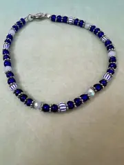 Blue Glass And Silvertone Beaded Bracelet