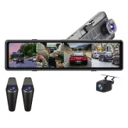 4K Dash Recorder 4 Cameras Backup Cam Rearview Mirror 12 inch Screen Car DVR Cam