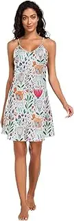 [RPLIFE] Whimsical Spring Floral Sage Women's Satin Slip Dress, V Neck Sleeveless Night Shirts for Women, S-XXL
