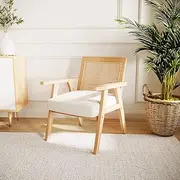Rattan Accent Chair w/Boucle Cushion Rattan Lounge Wood Armchair - Cream White