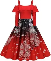 [Generic] Vintage Dress - Retro Print Flare Dress for Women - Dresses Cocktail Dress Cosplay Outfits for Holiday Red