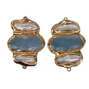 Cultured White Biwa Pearl Blue Jade Pendant Double Ring Metal Bezel Connector