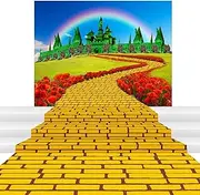 Outus 2 Pcs Large Runner Brick Road Runner and Emerald Castle Backdrop Halloween Party Decorations Brick Road Backdrop Floral Rainbow Photography Background Princess Decorations Party Supplies