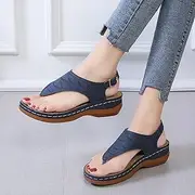 [XBCDX] Womens Platform Flip Flops Wedge Open Toe Sandals Beach Breathable Buckle Ankle Strap Clip Toe Sandals Summer Ladies Sandals Sliders Shoes,Blue,US6/EU37