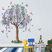 PinkEleph Large Purple Flower Tree Wall Stickers - Hanging Wisteria Floral Wall Decals - Bedroom Living Room Sofa Background Home Wall Decor