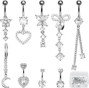 [BD-Herego] 9 Pcs Belly Button Bars,Surgical Stainless Steel Belly Button Piercing Jewellery,Flower Heart Bow Dangly Belly Bars,Navel Ring,Long and Short Belly Button Piercing Kit for Women Girls