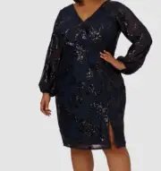 Adrianna Papell Women Blue Floral-Sequined Sheath Dress Plus Size 14W
