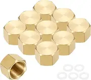 uxcell 10Pcs Brass Hex Head Plug Compression Cap Fitting Stop Valve Cap,3/8" Hex Thread Pipe Fitting Flare Cap Tubing Ends Sealing Cap with Gasket for Air Conditioner, Water, Gold