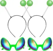 Vibbang Pack of 2 Alien Glasses Costume Sunglasses, 2 Pieces Funny Martian Antenna Headband, Party Glasses, Decorative Alien Space Costume Cosplay Party Rave Accessories Halloween Carnival, Green, One