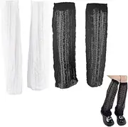 CABODYALS 2 Pairs Black White Knee High Mesh Sock Summer Long Thin Floral Lace Hollow Out Calf Sheer Leg Warmer Sleeve Loose Fishnet Boots Cover Stockings Footless Socks for Women Ladies Dresses