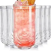6 Pack Highball Glasses, 14 OZ Tall Cocktail Drinking Glass Sets, Embossed Ripple HiBall Crystal Cup, Clear Vintage Bar Mojito Glassware, Water Drinkware for Whiskey Beer Wine Juice