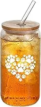 Wisedeal Paw Print Heart Glass Cups with Lids and Straws, Glasses Drinking Set, Mother's Day, Birthday, Christmas Gifts for Grandma or Mom Dad Aunt Uncle, 16 Oz