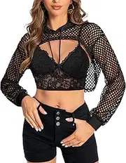 [ZNVGIRL] Women Mesh Crop Top Hoodie Fishnet See Through Long Sleeve Shirt Sheer Blouse for Club Party