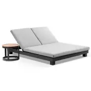 Santorini Aluminium Double Sun Lounge In Teak Look With Round Side Table