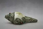 Antique Tibetan White Metal Inlay Left conch Shell Trumpet Instrument Nepal