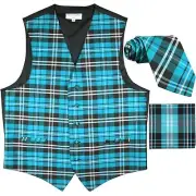 New Men's Plaid Tuxedo Vest Waistcoat & Necktie Set Turquoise Blue formal party