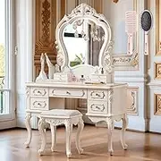 European Retro Makeup Vanity Desk, Vanity Desk with LED Mirror Adjustable Brightness, Pack of Air Cushion Comb & Rib Comb​(B)