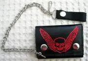 Goth Punk Trucker Biker Chain All Leather Wallet w/ Red Broken Head Skull Wings