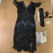 Women's Small Black Sequin Fringe Flapper Dress & Accessory Set 9 Pieces NWT